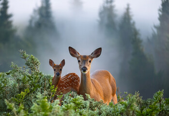  A doe with a small fawn looks out from the bushes at the edge of the forest