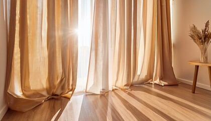 sunlight streams through sheer beige curtains onto a light wood floor