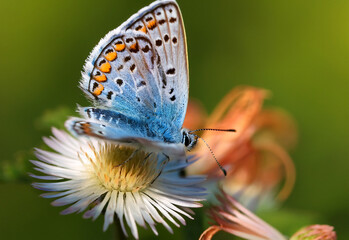 Butterfly Common Blue (Plebejus idas) sitting on a flower, green blurred background