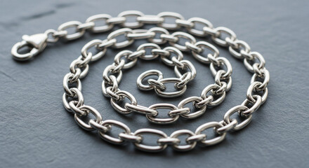 Fototapeta premium Sterling Silver Oval Link Chain Coiled on Dark Slate. A detailed, top-down studio shot of a sterling silver (or similar light metal) oval-link chain, meticulously coiled into a tight spiral against a 