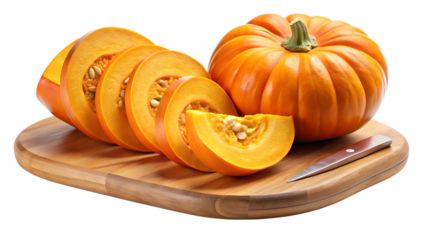 Freshly sliced pumpkin on a wooden cutting board ready for culinary creations