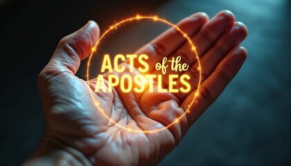 Hand holding glowing "Act of the Apostles" text against dark background, New Testament, Bible