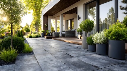 Obraz premium Newly installed modern patio of large, grey concrete pavers. Clean, geometric lines lead to a house surrounded by fresh, neat landscaping.