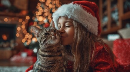Beautiful asian girl in santa claus costume kissing her adorable cat in cozy living room decorated with christmas tree, festive holiday scene capturing warm winter atmosphere and heartwarming pet love