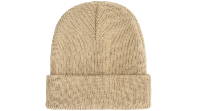 beige knitted winter beanie hat with folded cozy cuff