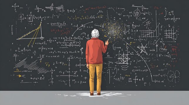 Scientist working on a complex chalkboard with equations and graphs