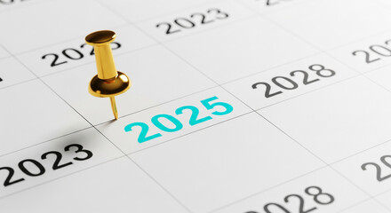 Close-up of calendar page with '2025' marked in cyan and held by a golden pin, symbolizing planning, target, or an important future date