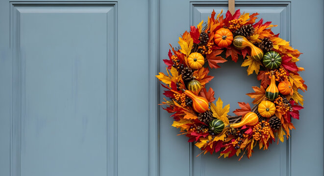 rustic thanksgiving wreath home exterior autumn - Powered by Adobe
