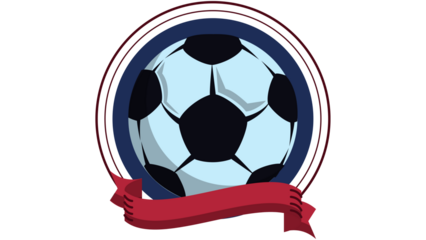 soccer ball emblem with red ribbon and circular blue frame