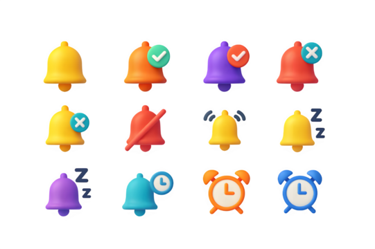 3D Notification and Alarm Bell Icons Set
​Time Management and Alert Symbols: Ringing, Silent, and Snooze Icons. ​UI/UX Pack: Colorful 3D Bells and Clocks