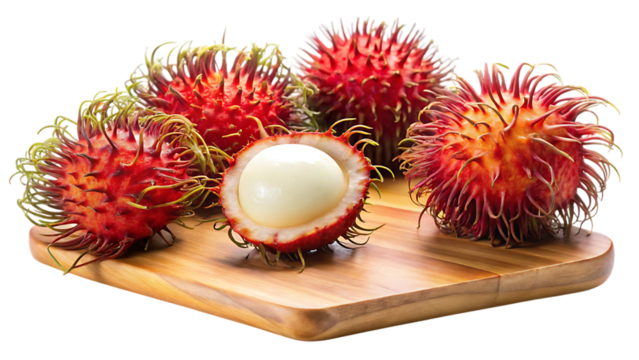 Fresh rambutan tropical fruit halved and whole on wooden cutting board displayed