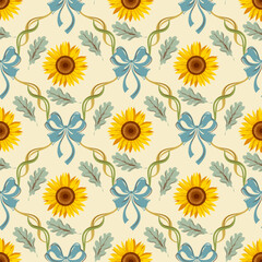 Yellow sunflower seamless pattern with blue bows, curling ribbons and green leaves. Vintage decorative nostalgic countryside textile, wallpaper or background symmetrical design