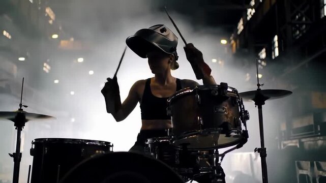 A drummer girl plays a drum kit in a steel mill. The concept of musical performance and creativity without boundaries