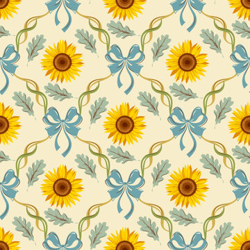 Yellow sunflower seamless pattern with blue bows, curling ribbons and green leaves. Vintage decorative nostalgic countryside textile, wallpaper or background symmetrical design