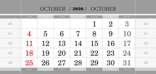 October 2026 quarterly calendar block. Wall calendar in English, week starts from Sunday.