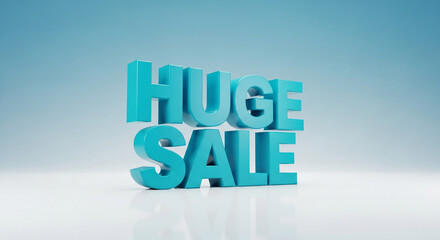 A rendering of "HUGE SALE" text, bright turquoise, on a glossy white surface, against a light blue gradient background, representing a promotional discount