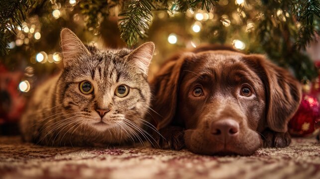 Adorable cat and dog resting together under a beautifully decorated christmas tree, surrounded by twinkling lights, wrapped gifts, and cozy holiday decorations, capturing the warm and peaceful spirit