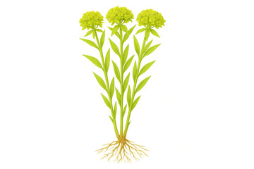 Leafy spurge plant with roots isolated on a transparent background, depicting botanical illustration of a robust weed