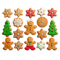 Fototapeta premium Assorted Gingerbread Christmas Cookies in Festive Flat Lay, isolated on transparent background”