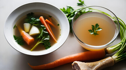 A comforting bowl of homemade bone broth soup with fresh vegetables like carrots and parsley alongside a clear, nourishing golden bouillon