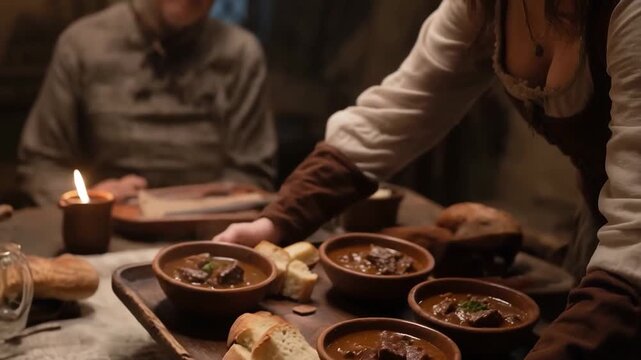 A close-up of a waitress holding a tray of hot food in a medieval-style tavern. Traditional food concept