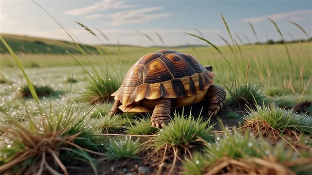 Cinematic Tortoise Walking in Meadow Tortoise walking slowly across green meadow with soft natural lighting &mdash; cinematic tortoise walking slowly across green meadow with soft natural lighting captured 