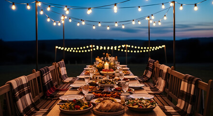 outdoor thanksgiving dinner under string lights