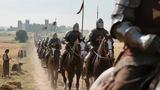 A column of medieval knights marches on horseback on a military campaign. A historical reconstruction of life in the Middle Ages