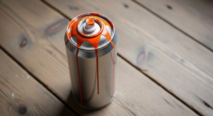 Messy Graffiti Art: Orange Paint Dripping Down a Spray Can
A high-angle, close-up shot of a silver aerosol spray paint can resting on a rustic wooden table made of planks