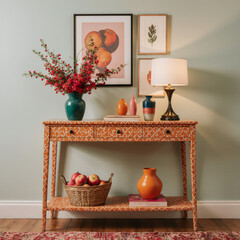 Vibrant Eclectic Hallway Interior with Colorful Ceramic Vases, Fresh Flowers and Patterned Console Table