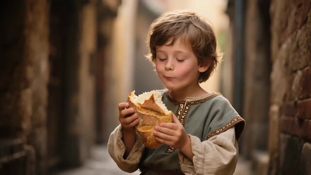 A hungry medieval boy eats bread in the middle of the street in a medieval town. A historical reconstruction of life in the Middle Ages