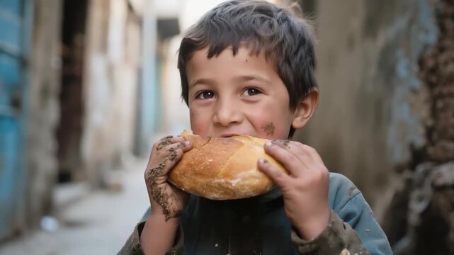 A hungry medieval boy eats bread in the middle of the street in a medieval town. A historical reconstruction of life in the Middle Ages