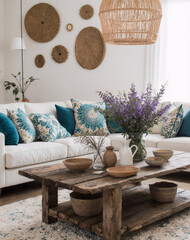 Warm Bohemian Living Room with Rustic Wooden Coffee Table, Ceramic Vases and Colorful Textiles in Natural Sunlight
