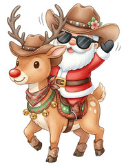 Fototapeta premium Cowboy santa western christmas Santa Claus in cowboy outfit riding reindeer wearing hat and sunglasses joyful holiday scene