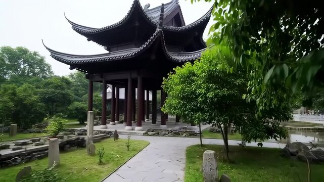 Traditional Chinese Pagoda in Lush Green Garden.