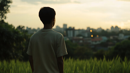Boy looks out at a distant city skyline, standing in tall grass against a soft sunset. Contemplative, hopeful, and serene moment captured.