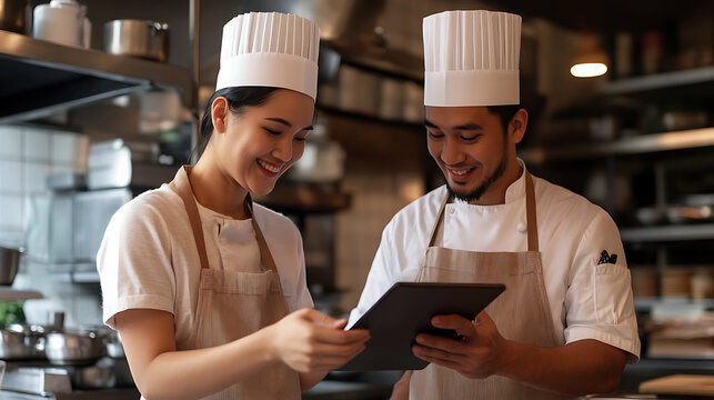 Chefs collaborating, viewing a tablet with smiles. Professional kitchen team. Modern restaurant operations. Teamwork and technology in food service.