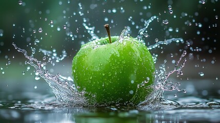 Green apple splash; water droplets suspended mid-air. Fresh, vibrant, and dynamic