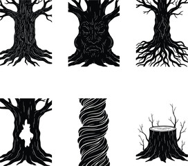 Tree trunk silhouette vector set, twisted bark, hollow stump, sprawling roots, broken branches, botanical clipart, black illustration, nature shape, forest element pack © Tanzila