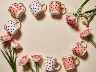 Flat Lay of Red Polka Dot Ceramic Cups with Spring Flowers on Beige Background, Cozy Vintage Tea Aesthetic with Soft Natural Light