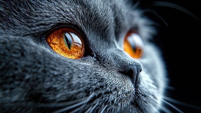 Gray cat profile, intense amber eyes, looking up, dark background