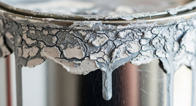 Macro Texture of Dried, Cracked Gray Paint on a Can
An extreme close-up, macro shot detailing the rim of a metal paint can heavily encrusted with dried, cracked, light gray or silver paint
