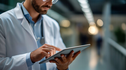 Professional male doctor in lab coat working on tablet UI detail sharp face cropped corridor defocused digital rounds faceless background defocused EMR hospital workflow