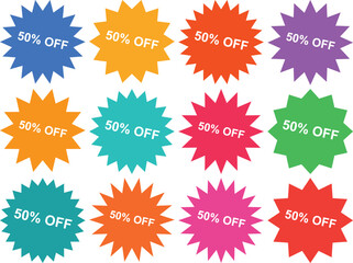 Colorful fifty percent off sale promotion with stars isolated on transparent background
