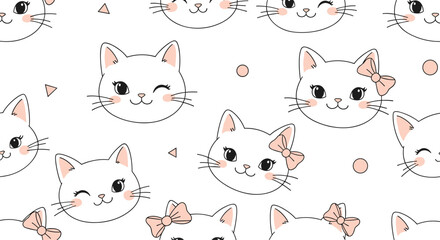 Fototapeta premium Cute cartoon white cats with pink accents and bows on a white background.