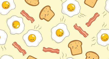 A delightful pattern featuring kawaii breakfast items like sunny side up eggs and crispy bacon.