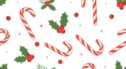 A festive seamless pattern featuring candy canes and holly berries with scattered stars.