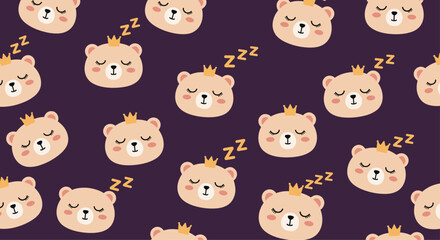 Fototapeta premium Adorable sleeping prince bears with crowns on a dark purple background.