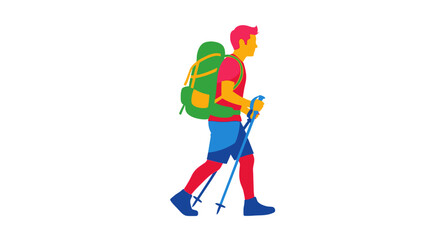 Colorful illustration depicting a hiker with backpack and trekking poles on white background