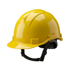 A close-up studio shot of a bright yellow construction safety helmet. Isolated on a Transparent Background, PNG, Cutout